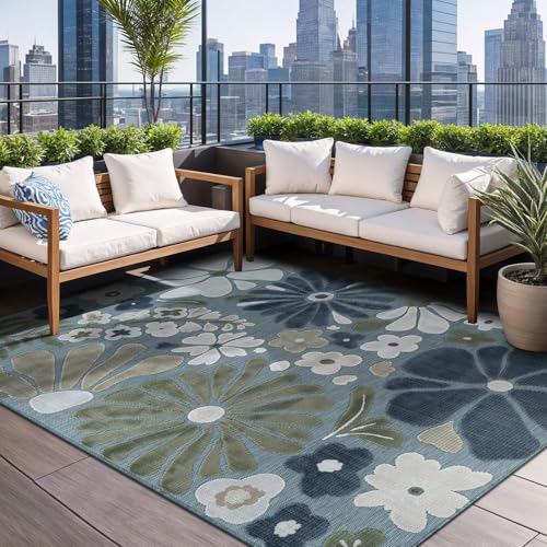 Outdoor Rug 10x14 Large Modern Floral Tropical Area Rugs for Outdoor and Indoor Patio Easy to Clean Non Shedding Living Room Porch Garden Washable Outside Carpet (140 Sq Ft)