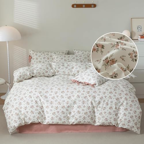 Vintage Floral White Comforter Set King Vibrant Colors Garden Flower Leaves Comforter Set for Girls Women Floral Botanical Pink Comforter Set 1 Flower Comforter with 2 Bow Ties Pillowcases All Season