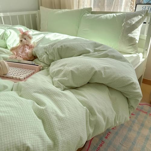Green Gingham Comforter Set King Romantic Lace Style Vintage Checkered Plaid Comforter Set 3 Pieces Green Grid Comforter with 2 Pillowcases Soft Fluffy Farmhouse Gingham Bedding Set King