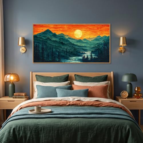 Boho Mountain Sunset Landscape Framed Canvas Wall Art