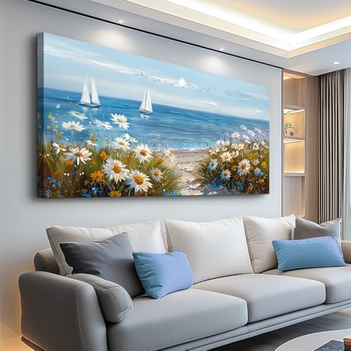 Large Blue Ocean Landscape Canvas Printing Picture Wall Art For Living Room Farmhouse Dinin Mural White Flowers Bedroom Office Wall Decor Home Decor Painting Easy To Hang 30x60 Inches