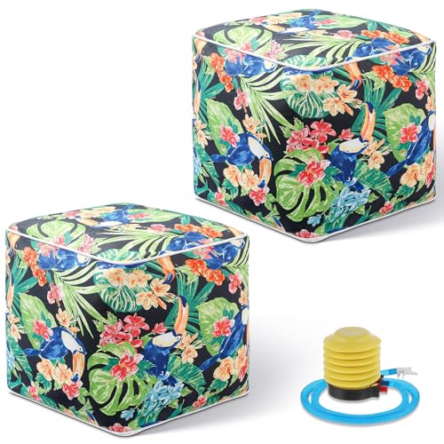 2 Pack Inflatable Outdoor Ottoman Pouf Waterproof Cube 16" Square Blow up Ottoman Footrest with Handle Outdoor Portable Footstool for Patio Garden Camping or Home Pool (2 Count)