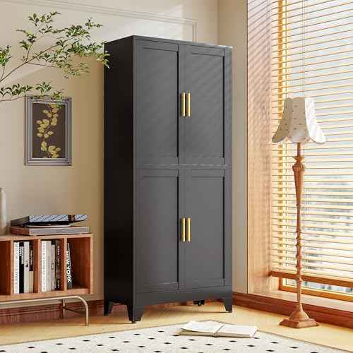 Black Metal Storage Cabinet with 4 Doors and 4 Adjustable Shelves