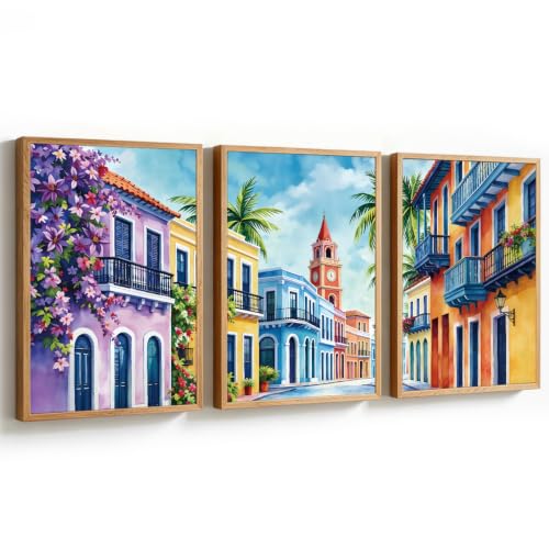 KAlRNE Scenery Texture Cityscape Framed Large Wall Art Set (3 Count)