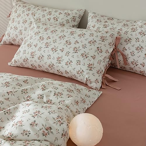 Queen Comforter Set White and Pink Floral Comforter Set for Girls Vintage Garden Flower Leaves Bedding Comforter Set 1 Floral Blush Comforter with 2 Bow Ties Pillowcases Fluffy Botanical Comforter Set