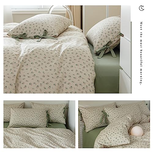 Green Floral Comforter Set Queen Vintage Coquette Bedding Comforter for Girl Women Floral Botanical Comforter with 2 Bow Ties Pillowcases Cottagecore Bedding Flowers Comforter Set Queen Size