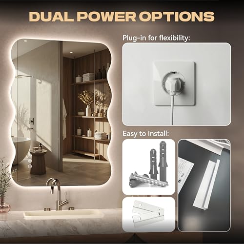 60"x36" Wavy Full Length Mirror with Lights Frameless Backlit Mirror