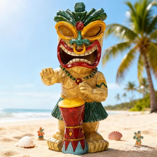 Solar Tiki Garden Statue with LED Eyes Outdoor Polynesian Drummer Hawaiian Party Decor Solar Light Ornament for Patio Porch Lawn or Tiki Lover Best Gifts for Tiki Lovers
