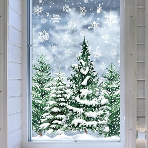 Christmas Window Clings for Glass 9 Sheet Xmas Tree Window Decals with Snowflake Designs Window Stickers Winter Windows Cling for Party Supplies Home School Office Glass Decorations (9 Count)