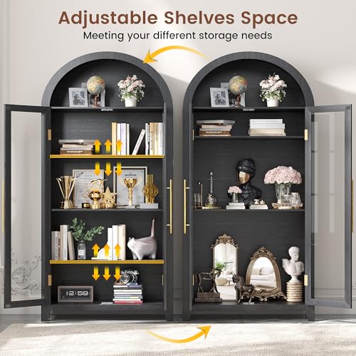 71" Arched Kitchen Pantry Storage Cabinet with Glass Doors