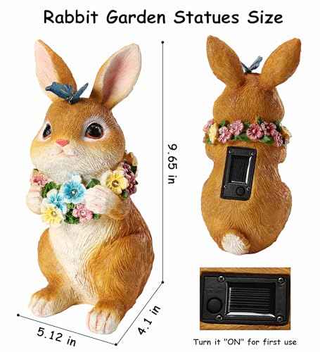 Solar Garden Statues Outdoor Bunny Decorations with Butterfly & Flowers Gifts for Mom