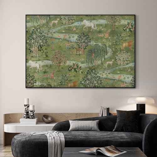 46"x72" Extra Large Framed Wall Art Medieval Fantasy Forest with Woodland Animals