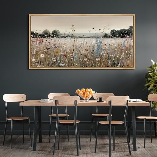 Extra Large Framed Canvas Print Wall Art Wildflower Meadow Landscape Blooming Field Illustrations Fine Art Illustrations Decorative Colorful for Bedroom