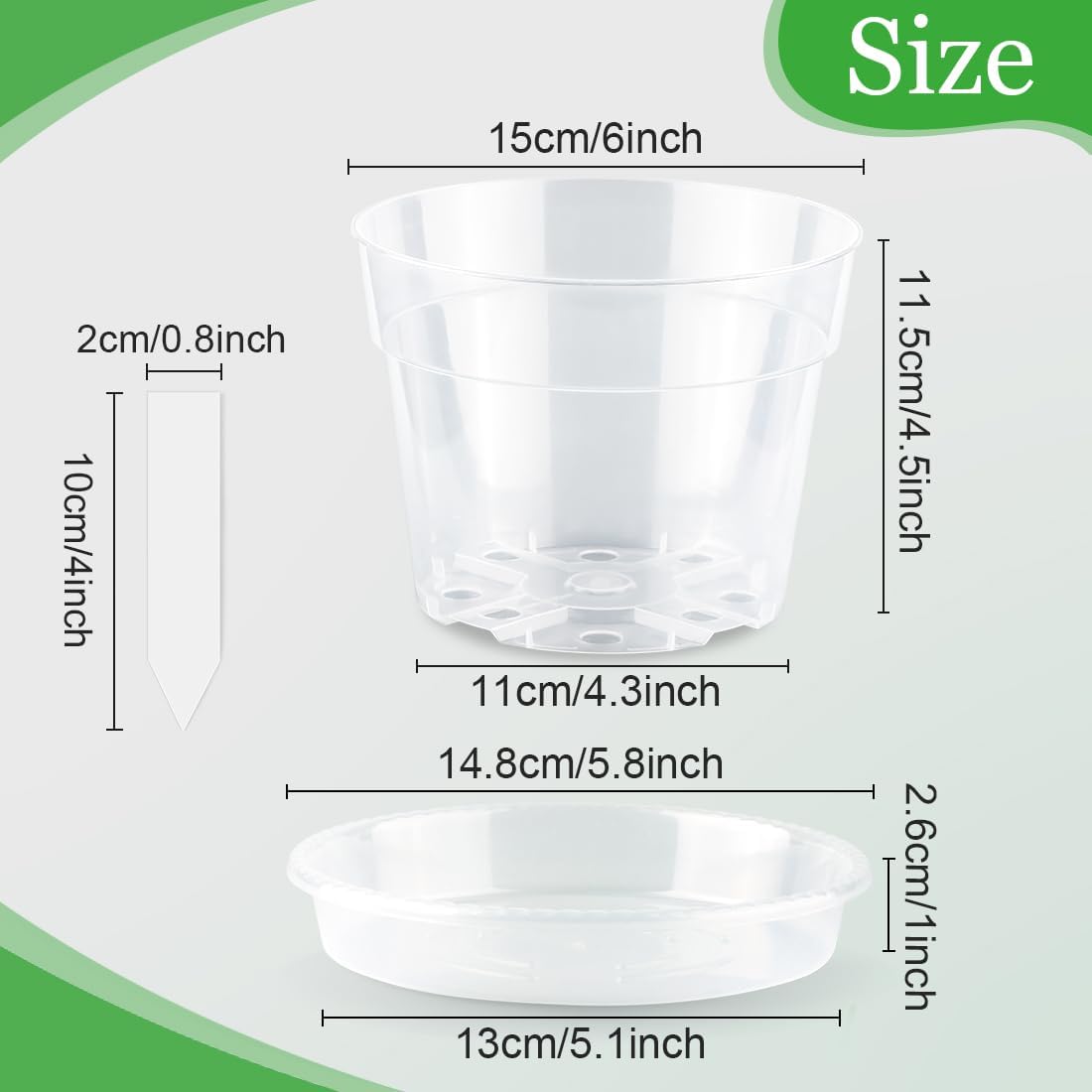 BTPLASTIK Clear Plastic Nursery Pots for Plants, 6 Inch Transparent Plant Pot with Drainage Holes, Flower Pots with Saucers, Seed Starter Pots with 15 Pcs Plant Labels, Gardening Gifts