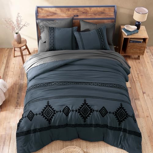 Embroidery King Size Comforter Set 7 Pieces Blue Grey Bed in a Bag