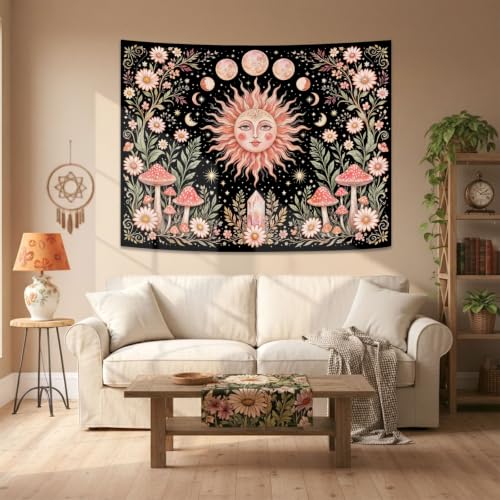 Boho Pink Sun Moon Phase Daisy Flower Mushroom Tapestry 60 x 44 Inch