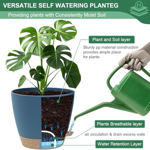 12/10/8 Inch Self Watering Pots for Indoor Plants Plastic Large Plant Pots for Outdoor Plants, Water Level Window & Spacious Reservoir Flower Pots Decorative Planter with Drainage and Tray (3 Count)