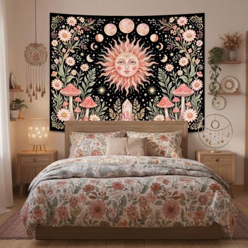 Boho Pink Sun Moon Phase Daisy Flower Mushroom Tapestry 60 x 44 Inch