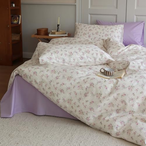 Botanical Floral Comforter Set Twin XL Cute Garden Floral Bedding Comforter with 2 Pillowcases Soft Fluffy Pink Purple Flowers Comforter Vintage Style Botanical Comforter Set for Girls Women (3 Piece Set)