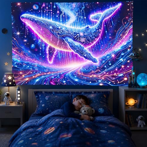 Blacklight Tapestry Whale Circuit Glow Backdrop 78 x 59 Inch