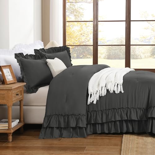 Dark Grey Ruffle Comforter Set Queen Size