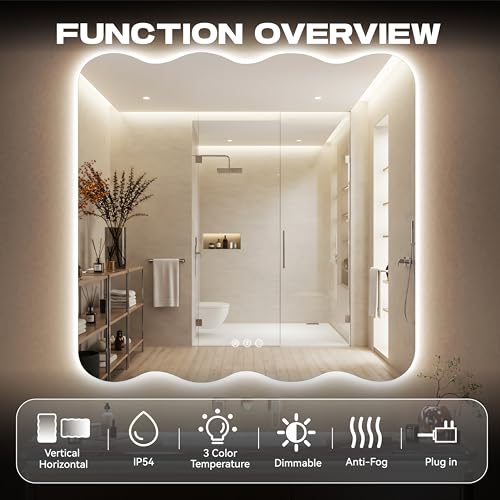 36"x36" Wavy Mirror with Lights Frameless Backlit LED Wall Mirror