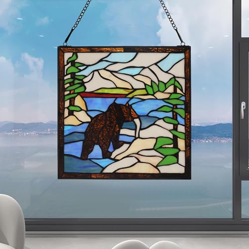 Stained Glass Window Hanging 12" Square Tiffany Animal Style Brown Bears Suncatcher Wall Decor Art Panel Includes 20" Chain and Hooks The Perfect Housewarming Gift
