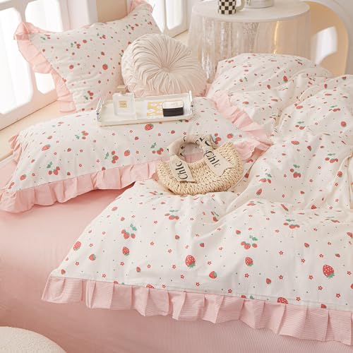 Kawaii Strawberry Comforter Set Twin XL Cute Ruffle Comforter with 2 Pillowcases White Fluffy Microfiber Kids Girls Bedding Comforter Strawberry Printed Ruffled Comforter Set Twin XL for All Seasons