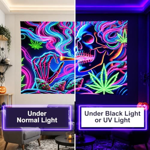 Smoking Skull Blacklight Tapestry 78x59 Inch Goth Wall Decor