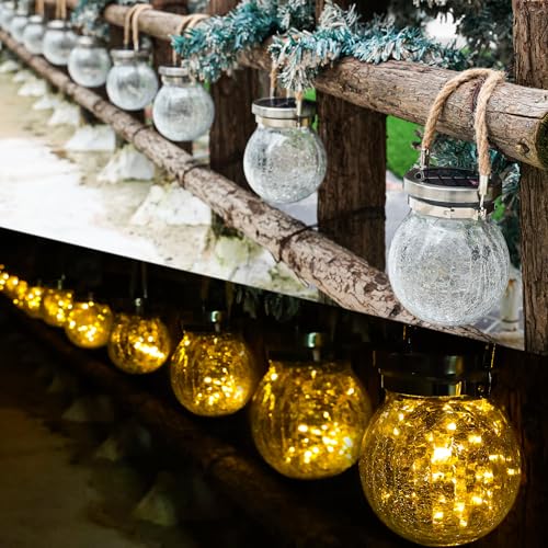 Gifts for her him 2 Pack Solar Lanterns Outdoor Waterproof Heavy Crackle Glass 30 LED Warm Firefly Lights Stainless Steel Lid 215% Solar for Women Mom Grandma Outdoor Lamps Garden Yard Decor (2 Count)
