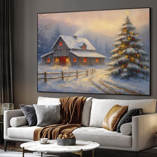 36"x46" Extra Large Framed Wall Art Rustic Winter Cabin with Christmas Tree and Snowy Landscape for Home Living Room Bedroom Decor