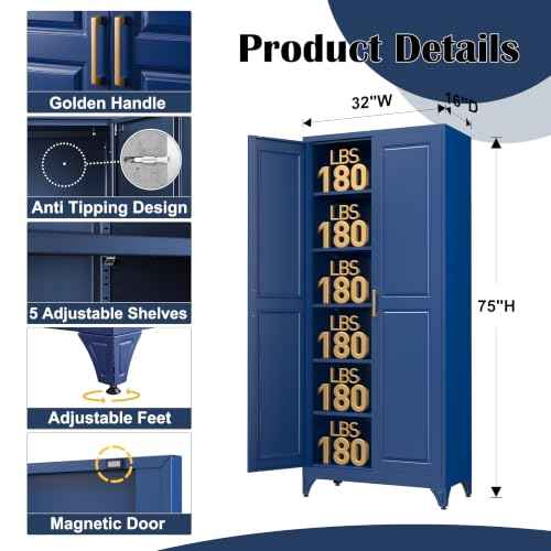 75”Metal Pantry Storage Cabinet with Doors & 5 Adjustable Shelves