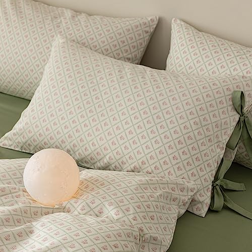Botanical Pink Flower Comforter Set with Plaid Grid Prints Aesthetic Floral Comforter Set King Size Vintage Country Style Coquette Bedding Comforter King with 2 Bow Tie Pillowcases All Season (3 Piece Set)