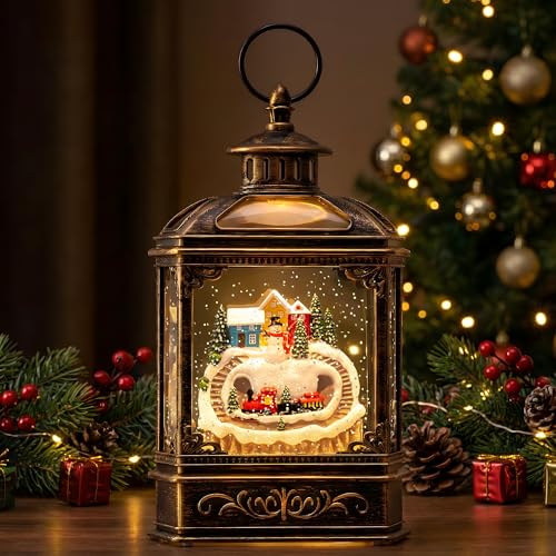 Christmas Village Snow Globe Lantern Musical Lighted Mountain Village Snowman & Train Water Lantern in Swirling Glitter