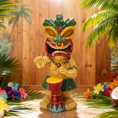 Solar Tiki Garden Statue with LED Eyes Outdoor Polynesian Drummer Hawaiian Party Decor Solar Light Ornament for Patio Porch Lawn or Tiki Lover Best Gifts for Tiki Lovers
