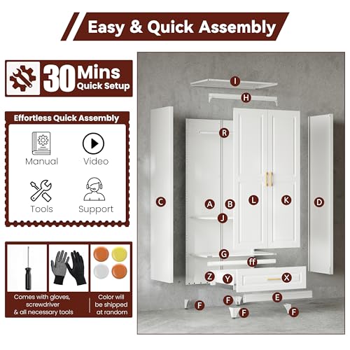 71" Tall Wardrobe Closet with Doors and Adjustable Shelves