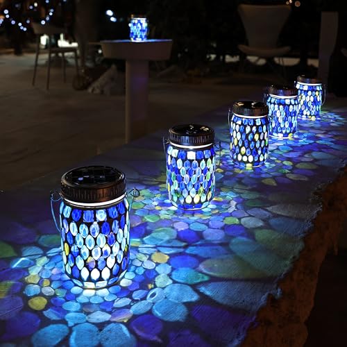 6 Pack Mosaic Lanterns Outdoor Waterproof with 215% Larger Solar Panel (6.02 Count)