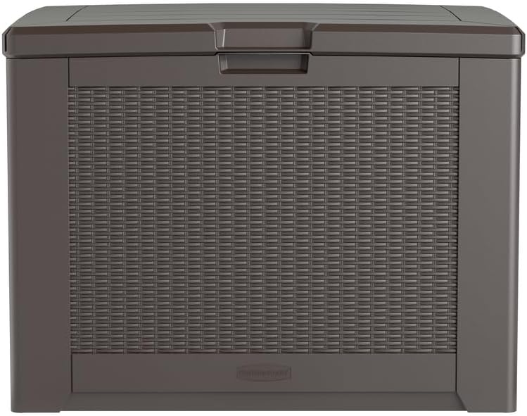 Rubbermaid Medium Resin Outdoor Storage Deck Box (74 Gal) Weather Resistant Brown Deck Organization for Home/Backyard/Pool Chemicals/Toys/Garden Tools/Porch/Patio Cushions