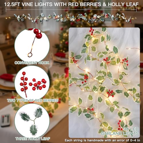 String Light with Red Berries&Holly Leaf Battery Powered Copper Wire