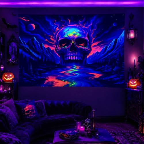 Blacklight Tapestry Skull Mountain Wall Hanging 78 x 59 Inch