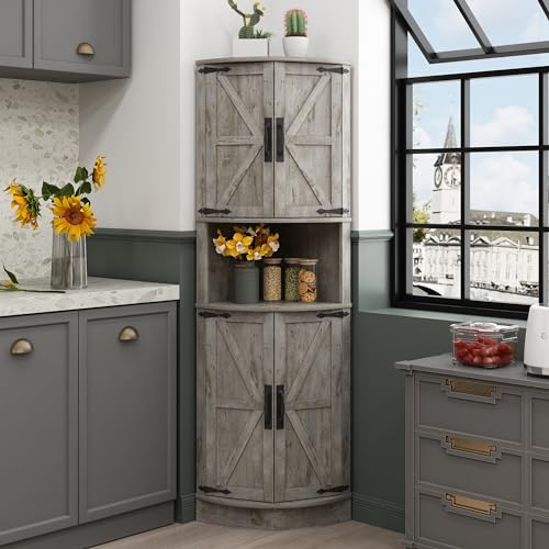 64.8" Tall Farmhouse Corner Cabinet with 4 Doors and 5 Storage Shelves