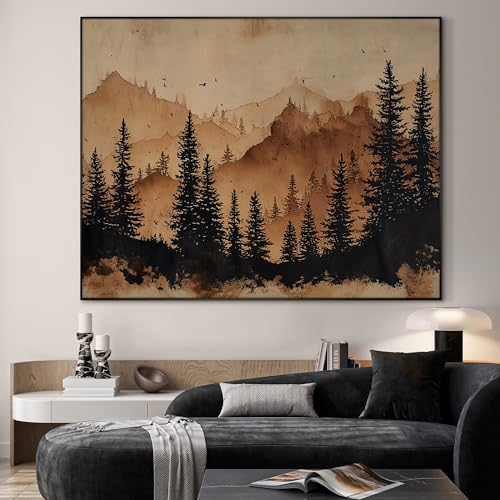 36"x46" Extra Large Framed Wall Art Rustic Mountain Pine Forest Silhouette in Warm Earth Tones for Home Living Room Bedroom Decor