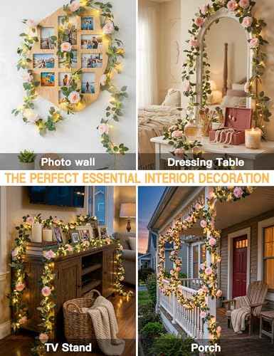 60LED Garland with Pink Camellia Lights Battery Operated Clear Wire