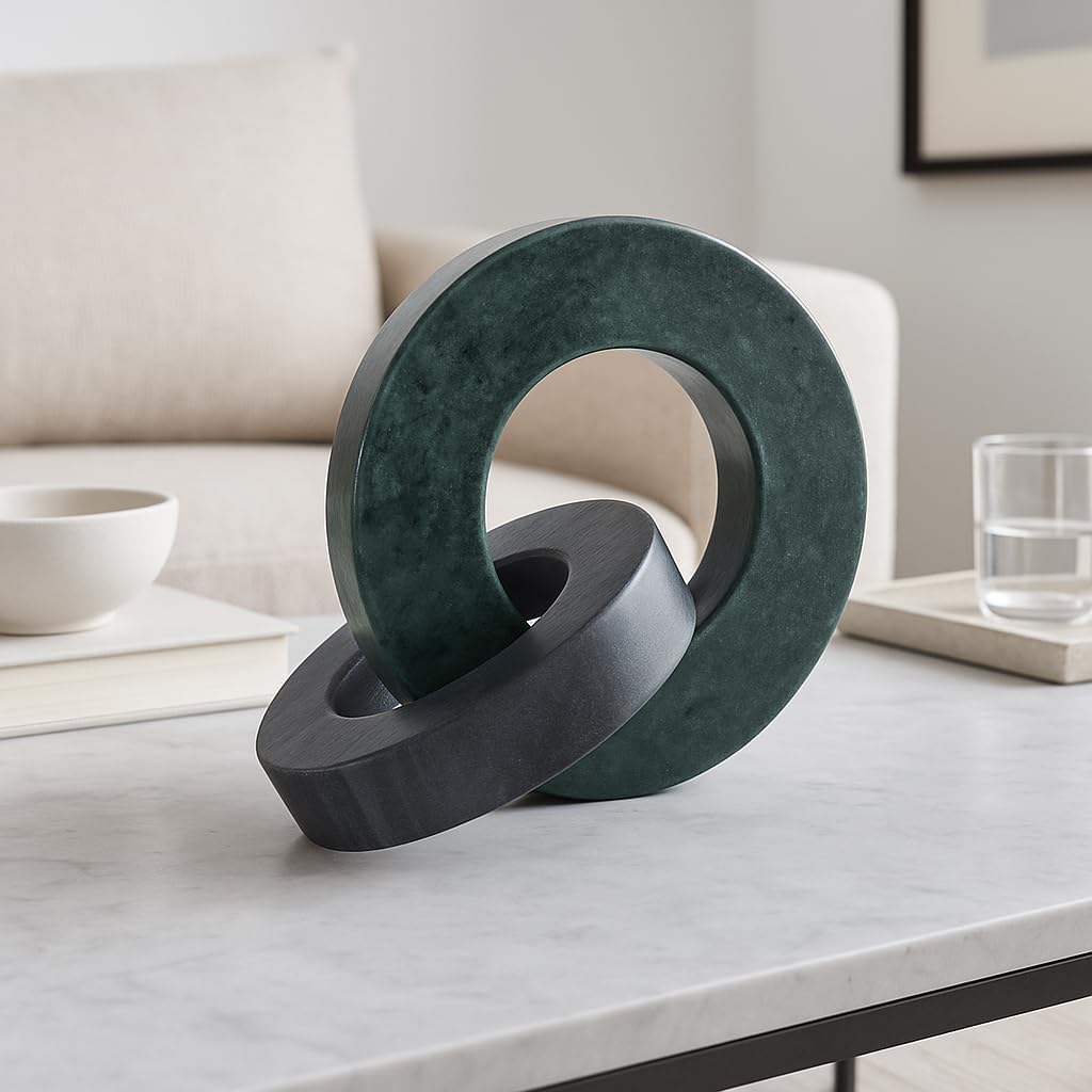 Home Decor and Bathroom Decor Marble Double Ring – Modern Shelf Sculpture and Office Accents for Room Styling – Coffee Table Ornaments and Living Room Decor Statues Design – 6", Green & Black