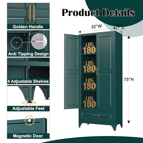 75" Metal Storage Cabinet with Doors and 3 Adjustable Shelves