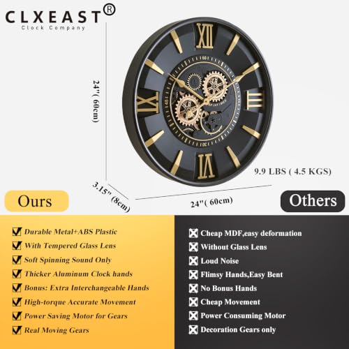 Mid Century Modern Black Gold 24 Inch Wall Clock with Moving Gears