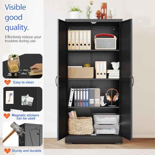63" Tall Metal Storage Cabinet Black Cupboard Kitchen Pantry Cabinet