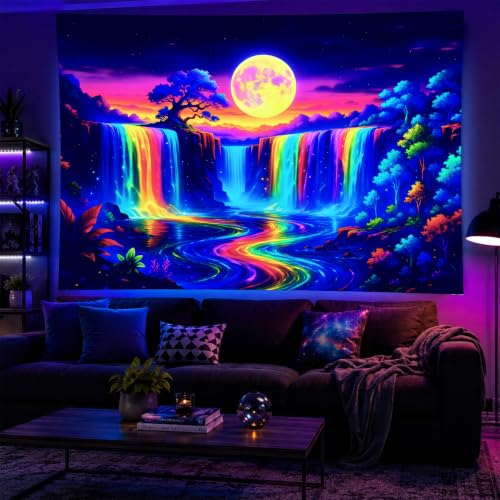 Blacklight Tapestry Forest Waterfall Neon Decor 78 x 59 Inch