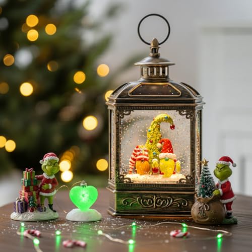 Musical Snow Globe Lantern Lighted Whimsical Christmas Tree & Gnomes Scandinavian Santa Elf Water Lantern with Swirling Glittering Home Decoration and Gift