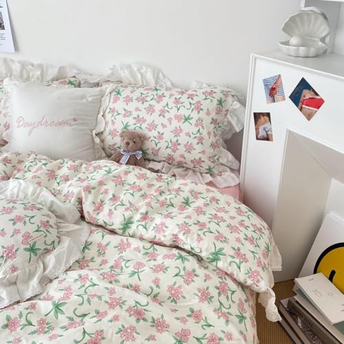 Queen Comforter Set Romantic Ruffle Pink Floral Bedding Comforter with 2 Pillowcases Vintage Botanical Flowers Comforter Set Farmbouse Cottagecore Bedding Ruffle Comforter for All Seasons